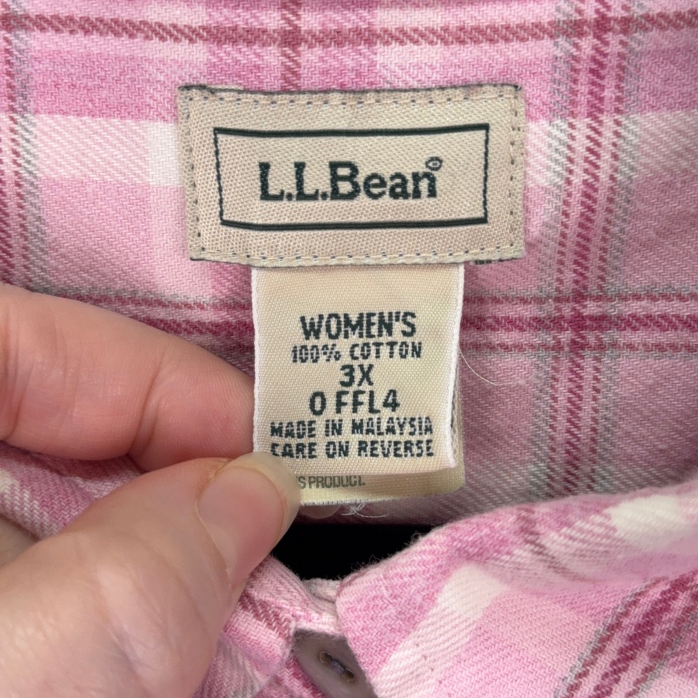LL Bean Top Womens 3X Pink White Plaid Flannel Shirt Long Sleeve Cotton Country - Picture 4 of 8